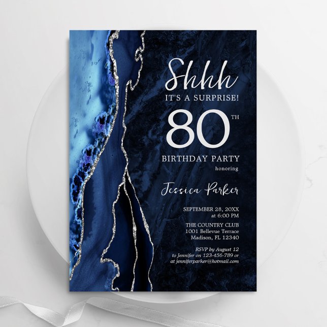 Navy Blue Silver Agate Surprise 80th Birthday Invitation (Creator Uploaded)