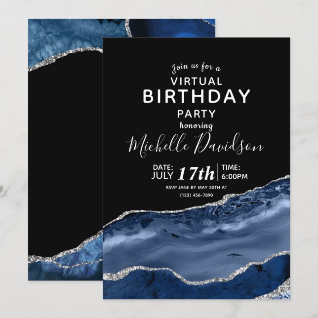 Navy Blue & Silver Agate Virtual Birthday Invitati Invitation (Front/Back)