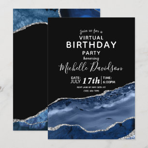 Navy Blue & Silver Agate Virtual Birthday Invitati Invitation