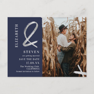 Navy blue silver ampersand photo save the date postcard