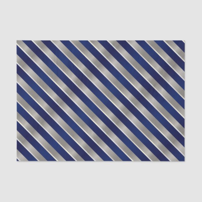Navy Blue, Silver and White Diagonal Stripes Tissue Paper (Front)
