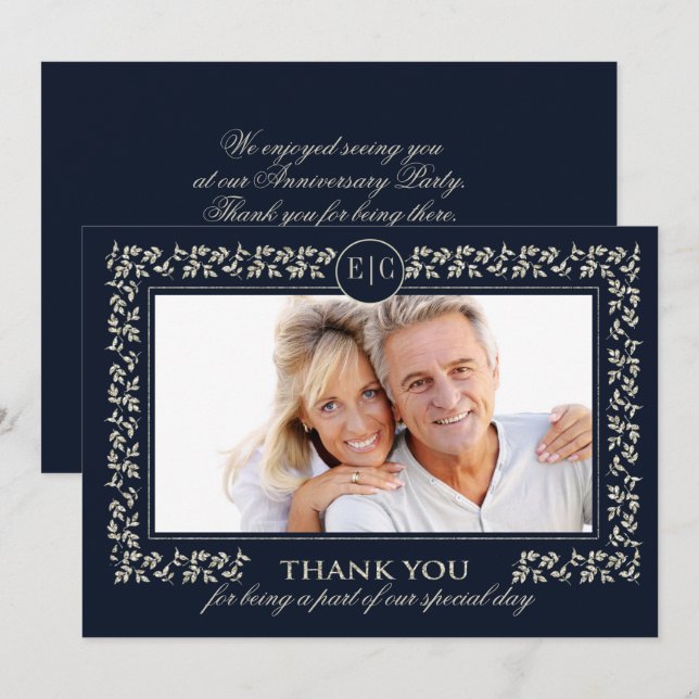 Navy Blue Silver Anniversary Thank You Card (Front/Back)