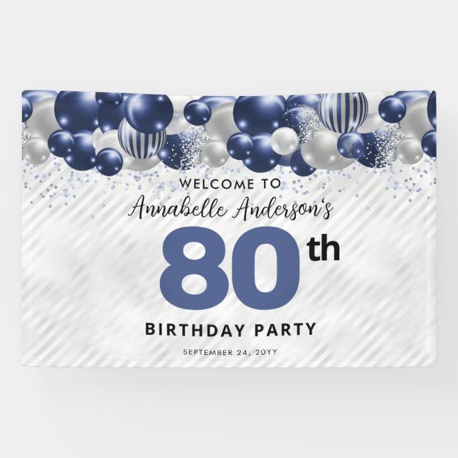 Navy Blue Silver Balloon 80th Birthday Welcome Banner (Horizontal)