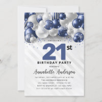 Navy Blue Silver Balloon Glitter 21st Birthday