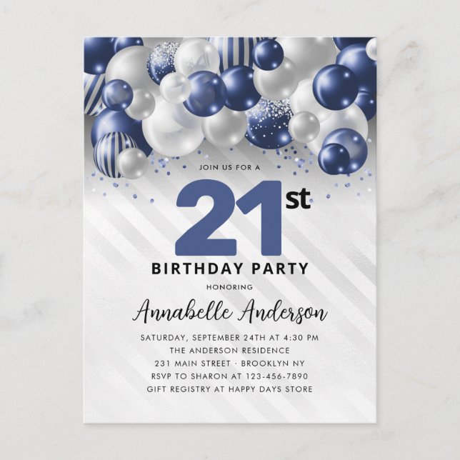 Navy Blue Silver Balloon Glitter 21st Birthday  Postcard (Front)