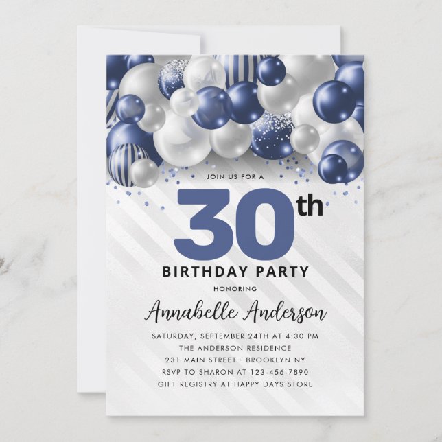 Navy Blue Silver Balloon Glitter 30th Birthday Invitation (Front)