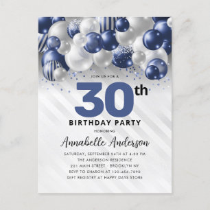 Navy Blue Silver Balloon Glitter 30th Birthday Postcard