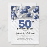 Navy Blue Silver Balloon Glitter 50th Birthday Invitation<br><div class="desc">Modern Glam Navy Blue Silver Balloon Glitter Sparkle Any Age Birthday Invitation</div>