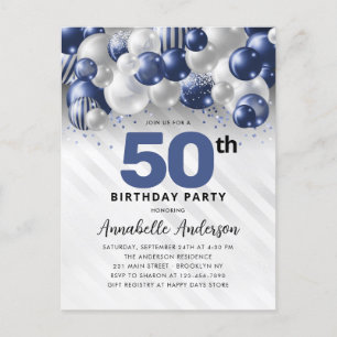 Navy Blue Silver Balloon Glitter 50th Birthday Postcard