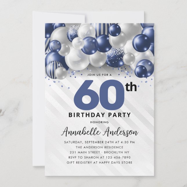 Navy Blue Silver Balloon Glitter 60th Birthday Invitation (Front)