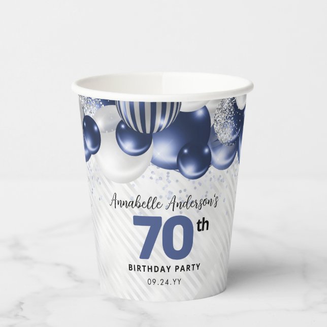 Navy Blue Silver Balloon Glitter 70th Birthday Paper Cups (Left)