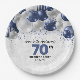 Navy Blue Silver Balloon Glitter 70th Birthday Paper Plate