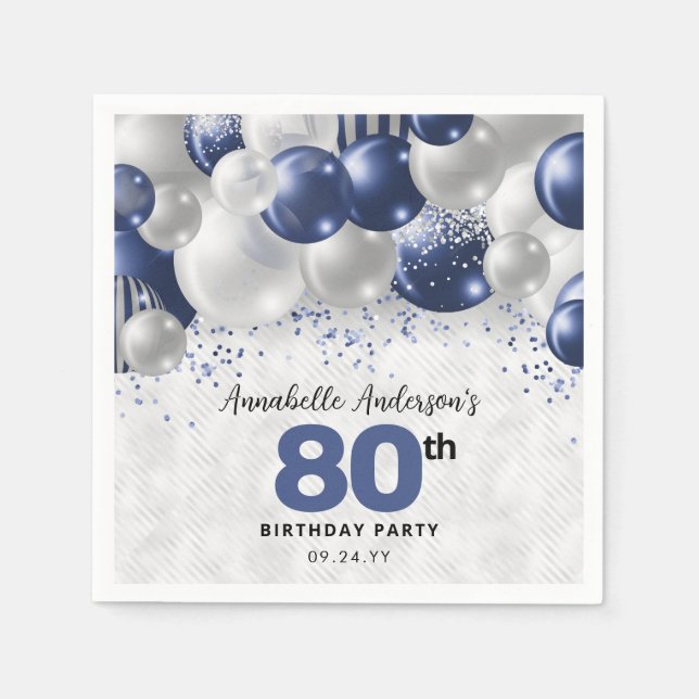 Navy Blue Silver Balloon Glitter 80th Birthday Napkin (Front)