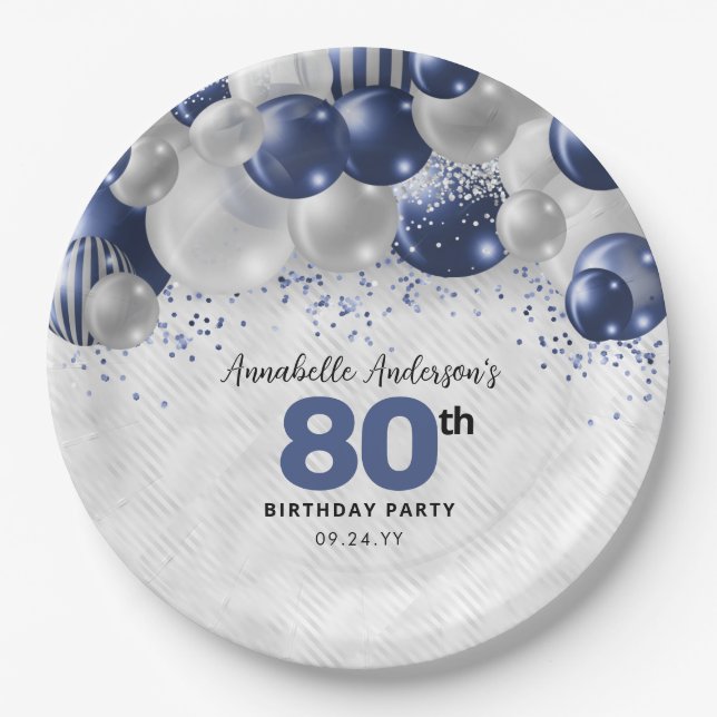Navy Blue Silver Balloon Glitter 80th Birthday Paper Plate (Front)
