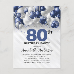 Navy Blue Silver Balloon Glitter 80th Birthday  Postcard
