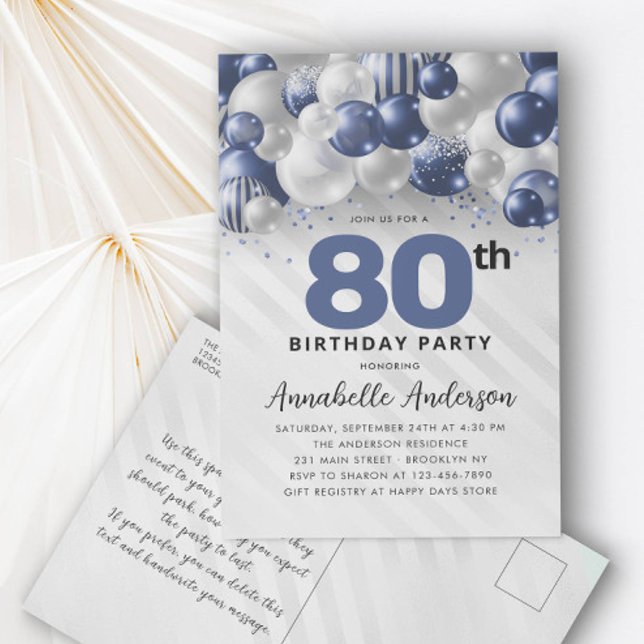 Navy Blue Silver Balloon Glitter 80th Birthday Postcard (Creator Uploaded)