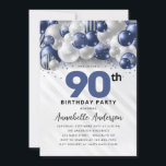 Navy Blue Silver Balloon Glitter 90th Birthday Invitation<br><div class="desc">Modern Glam Navy Blue Silver Balloon Glitter Sparkle Any Age Birthday Invitation</div>