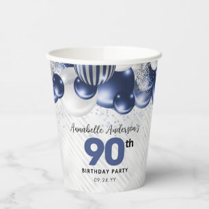 Navy Blue Silver Balloon Glitter 90th Birthday Paper Cups