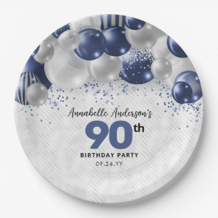 Navy Blue Silver Balloon Glitter 90th Birthday Paper Plate