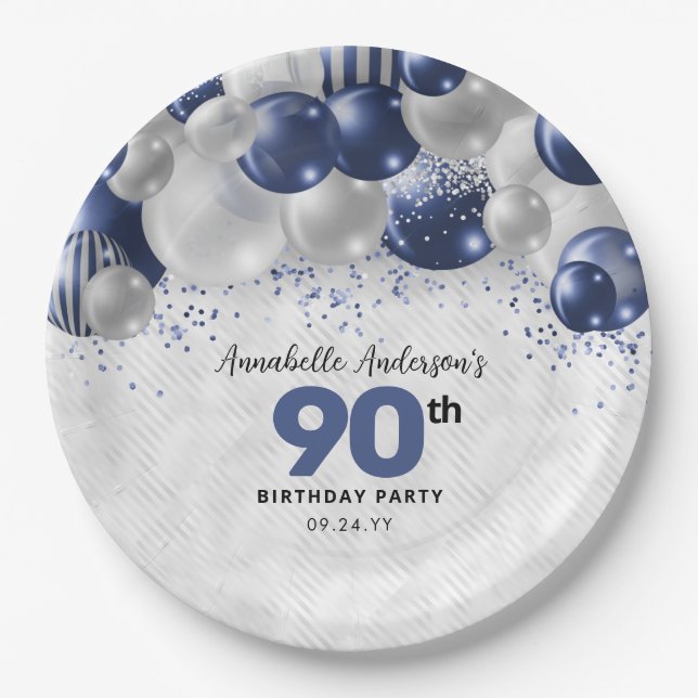 Navy Blue Silver Balloon Glitter 90th Birthday Paper Plate (Front)