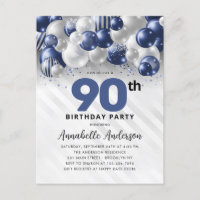 Navy Blue Silver Balloon Glitter 90th Birthday