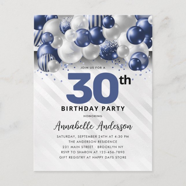 Navy Blue Silver Balloon Glitter Any Age Birthday  Postcard (Front)