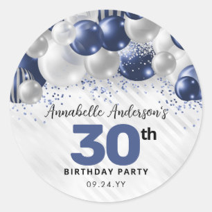Navy Blue Silver Balloon Glitter Favour Birthday Classic Round Sticker