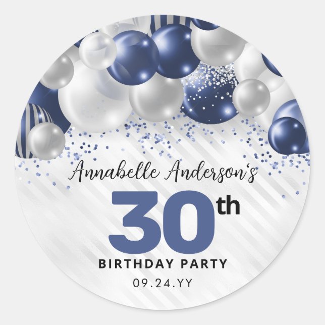 Navy Blue Silver Balloon Glitter Favour Birthday Classic Round Sticker (Front)
