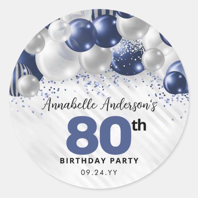 Navy Blue Silver Balloon Glitter Favour Birthday Classic Round Sticker (Front)