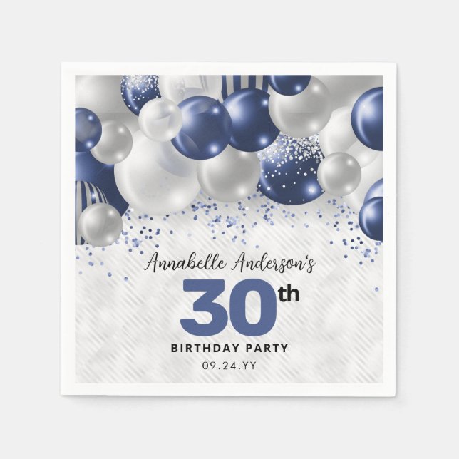 Navy Blue Silver Balloon Glitter Favour Birthday Napkin (Front)