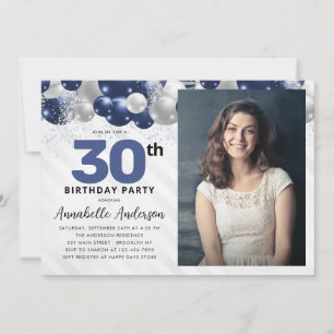 Navy Blue Silver Balloon Glitter Photo Birthday Invitation