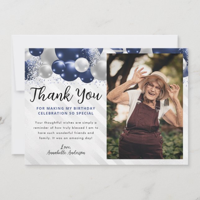 Navy Blue Silver Balloon Glitter Photo Birthday Thank You Card (Front)