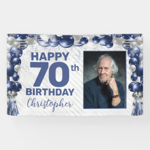 Navy Blue Silver Balloon Photo 70th Birthday Banner