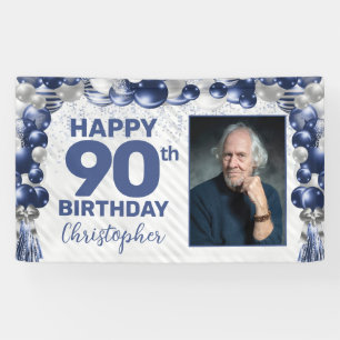Navy Blue Silver Balloon Photo 90th Birthday Banner