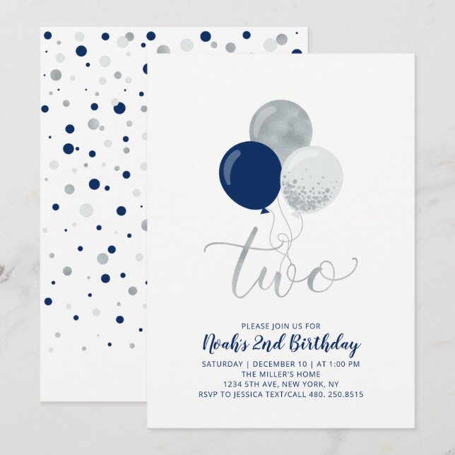 Navy Blue & Silver Balloons Boy 2nd Birthday Party Invitation (Front/Back)