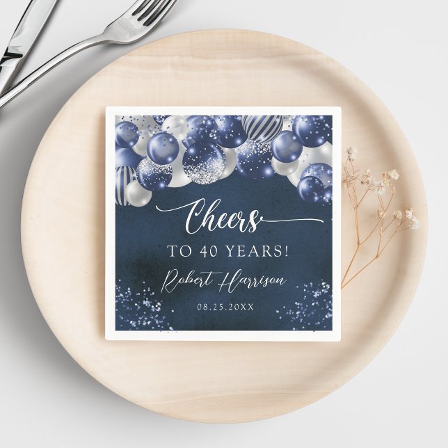 Navy Blue & Silver Balloons Cheers Birthday Custom Napkin (Creator Uploaded)