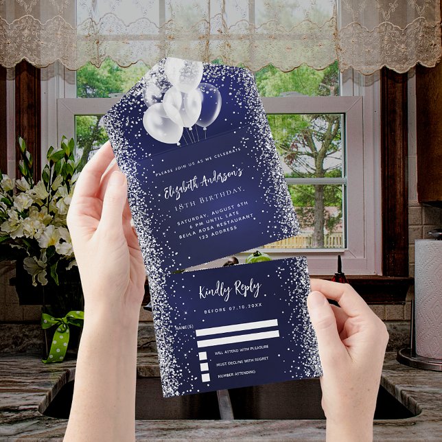 Navy blue silver balloons glitter birthday rsvp all in one invitation (Creator Uploaded)