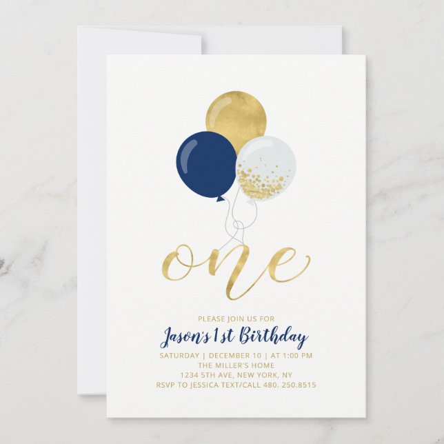 Navy Blue & Silver Balloons | One 1st Boy Birthday Invitation (Front)