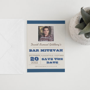 Navy Blue & Silver Bar Mitzvah Save the Date Announcement Postcard