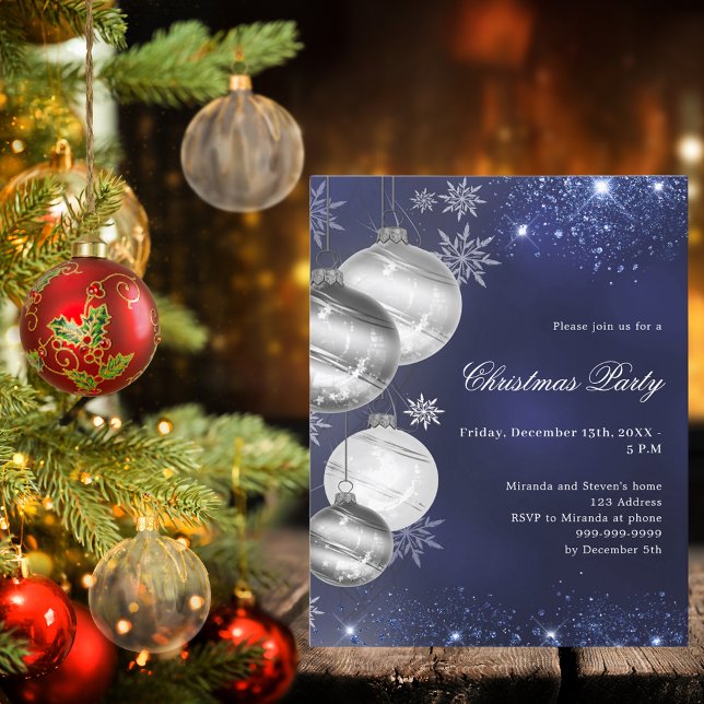 Navy blue silver bauble Christmas Party invitation (Creator Uploaded)