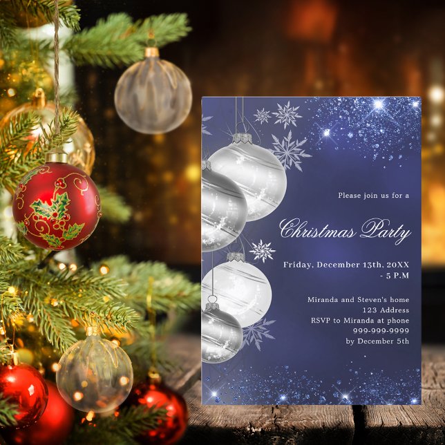 Navy blue silver baubles Christmas Party Invitation (Creator Uploaded)