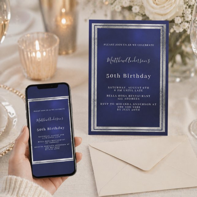 Navy blue silver birthday invitation (Creator Uploaded)