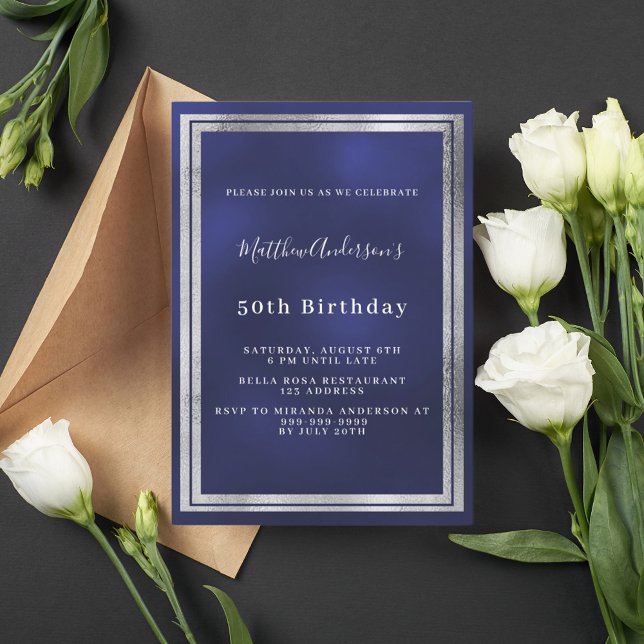 Navy blue silver birthday luxury invitation (Creator Uploaded)