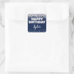 Navy Blue Silver Birthday Party Favour Square Sticker