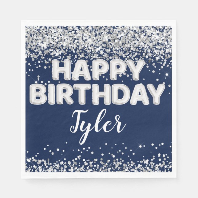 Navy Blue Silver Birthday Party Napkin (Front)