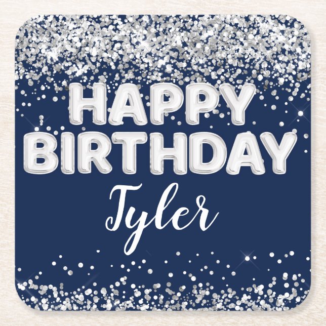 Navy Blue Silver Birthday Party Square Paper Coaster (Front)