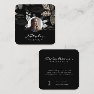 navy blue silver botanical script photo square business card