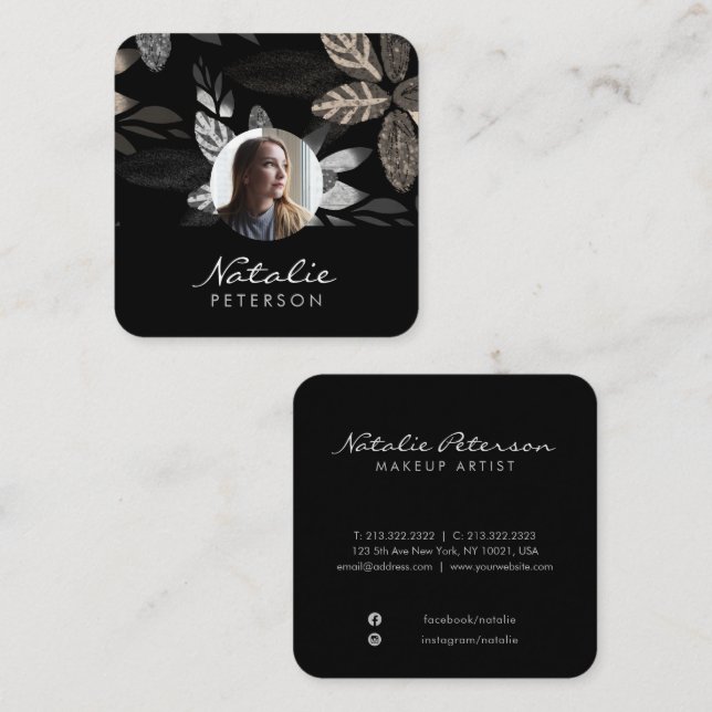 navy blue silver botanical script photo square business card (Front/Back)