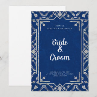 Navy Blue Silver Botanical Snowflake Winter Invitation