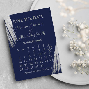 Navy Blue Silver Brushstrokes Calendar Wedding Save The Date